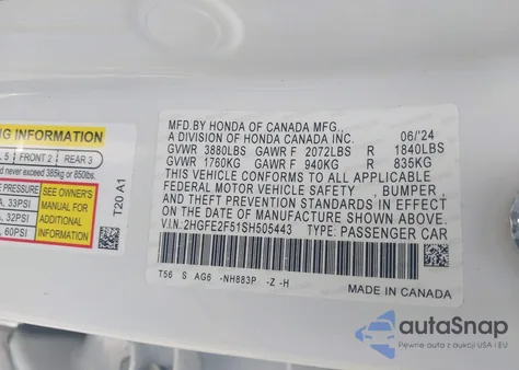 2025 Honda Civic Sport from USA, damaged, VIN 2HGFE2F51SH505443